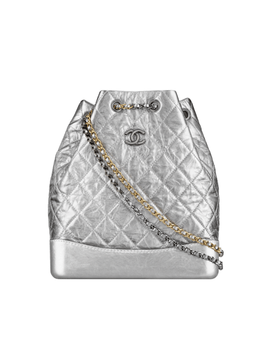 bag, chanel gabrielle backpack, blonde hair, chanel, chanel bag, silver,  metallic, hair, hairstyles - Wheretoget