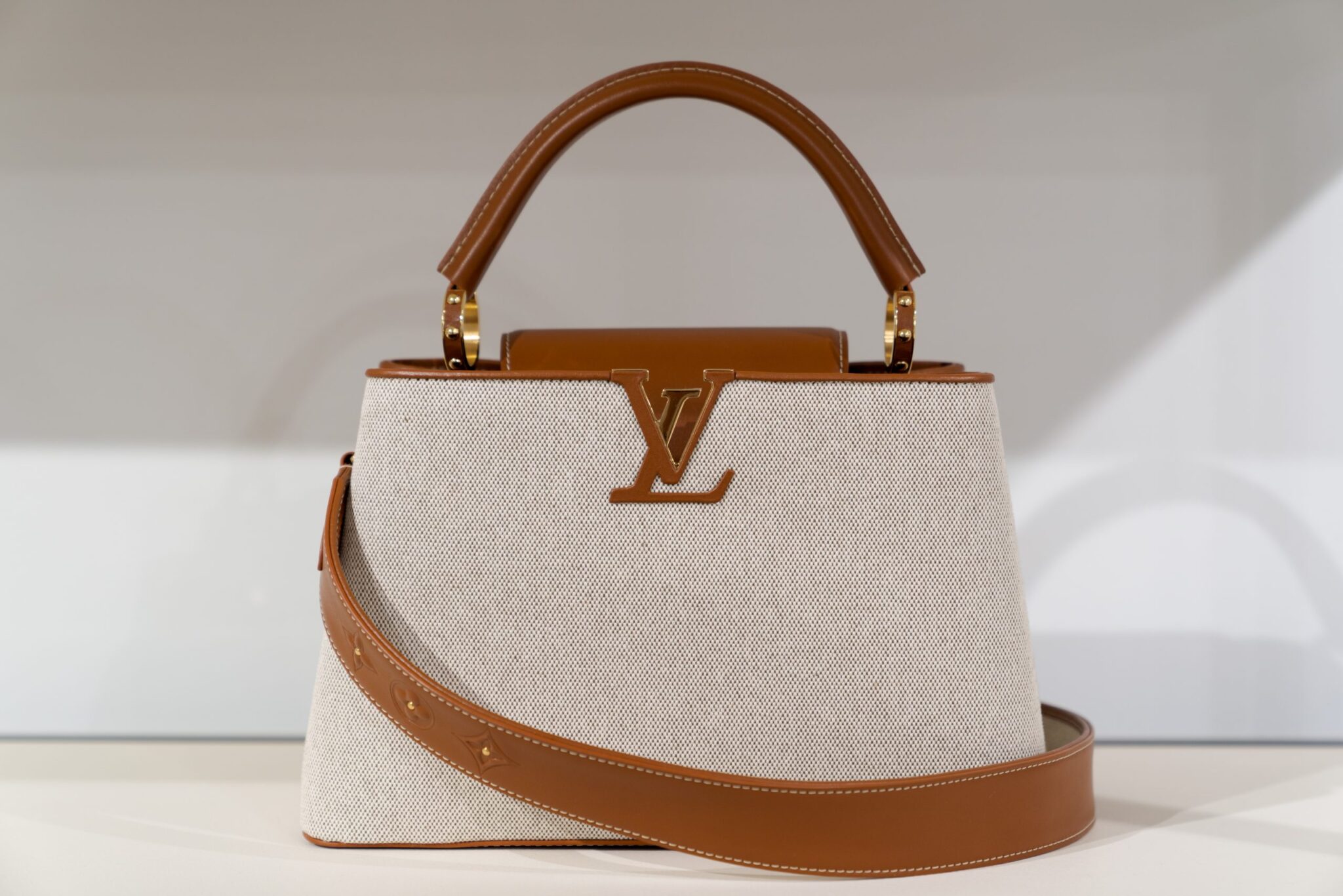 Louis+Vuitton+Capucines +Shoulder+Bag+BB+Beige+Brown+Red+Monogram+Flower+Striped+Canvas+Leather for  sale online