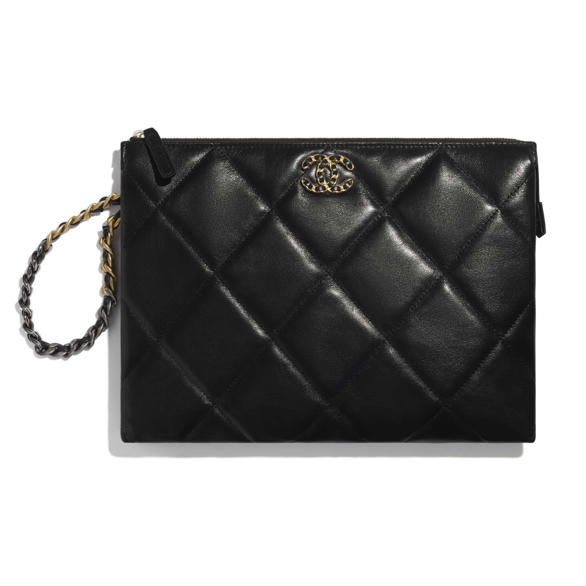 CHANEL Shiny Goatskin Quilted Small Chanel 19 Pouch With Handle